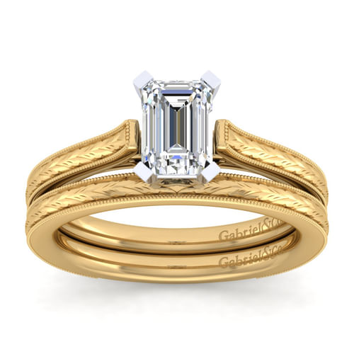 Vintage Inspired 14K White-Yellow Gold Emerald Cut Solitaire Engagement Ring