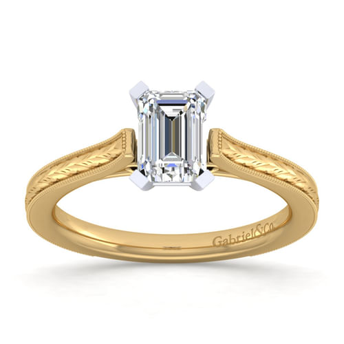Vintage Inspired 14K White-Yellow Gold Emerald Cut Solitaire Engagement Ring