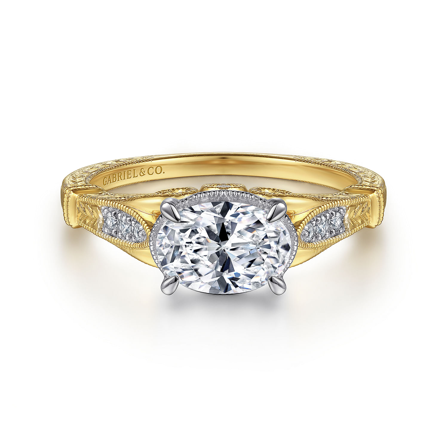 Vintage Inspired 14K White-Yellow Gold Horizontal Oval Diamond Engagement Ring