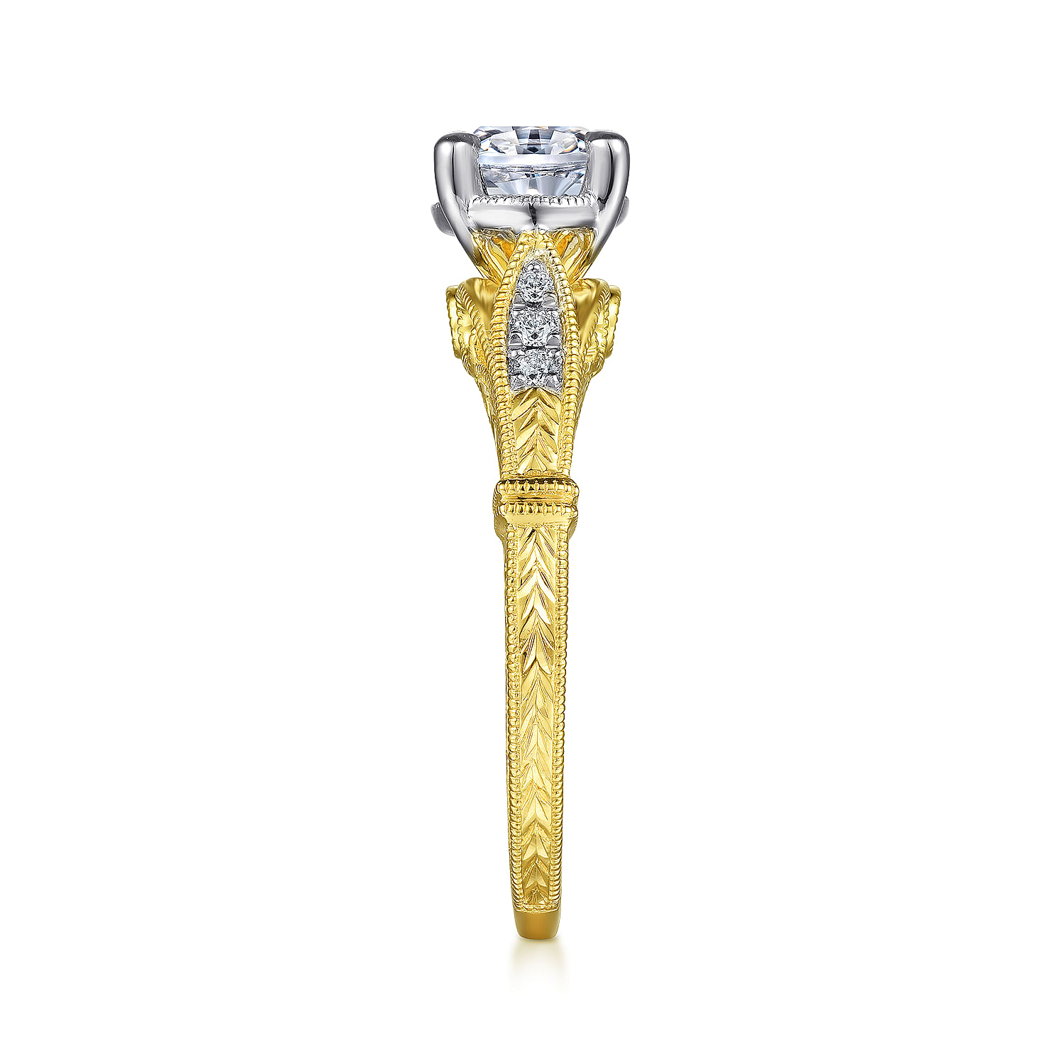 Vintage Inspired 14K White-Yellow Gold Horizontal Oval Diamond Engagement Ring