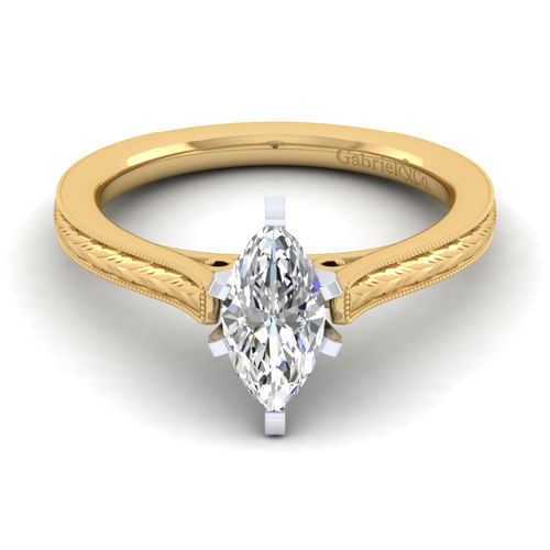 Vintage Inspired 14K White-Yellow Gold Marquise Shaped Solitaire Engagement Ring