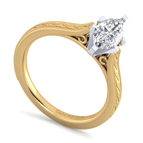 Vintage Inspired 14K White-Yellow Gold Marquise Shaped Solitaire Engagement Ring