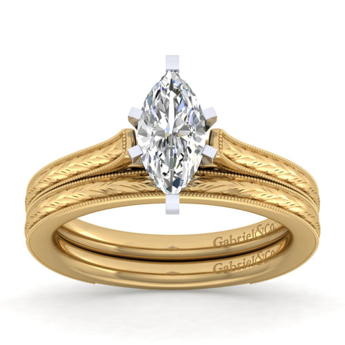 Vintage Inspired 14K White-Yellow Gold Marquise Shaped Solitaire Engagement Ring