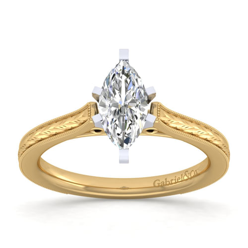 Vintage Inspired 14K White-Yellow Gold Marquise Shaped Solitaire Engagement Ring