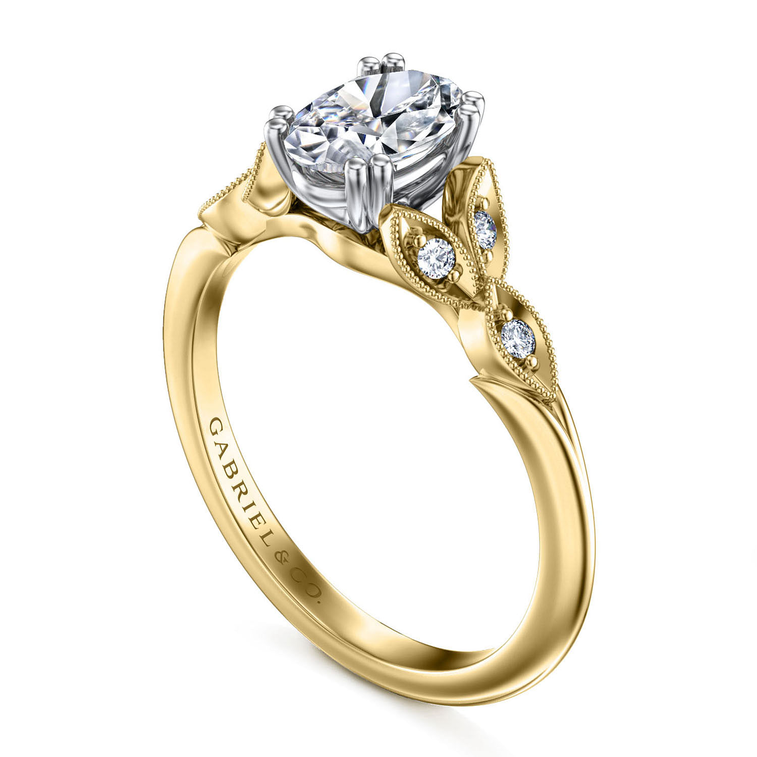 Vintage Inspired 14K White-Yellow Gold Oval Diamond Engagement Ring