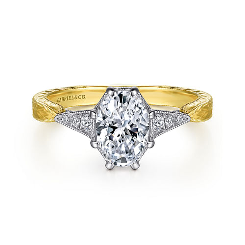 Vintage Inspired 14K White-Yellow Gold Oval Diamond Engagement Ring