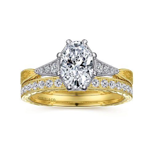 Vintage Inspired 14K White-Yellow Gold Oval Diamond Engagement Ring