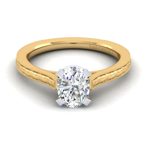 Vintage Inspired 14K White-Yellow Gold Oval Solitaire Engagement Ring