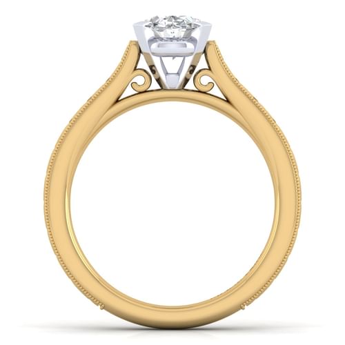 Vintage Inspired 14K White-Yellow Gold Oval Solitaire Engagement Ring