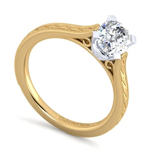 Vintage Inspired 14K White-Yellow Gold Oval Solitaire Engagement Ring