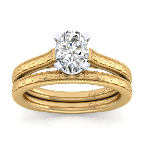 Vintage Inspired 14K White-Yellow Gold Oval Solitaire Engagement Ring