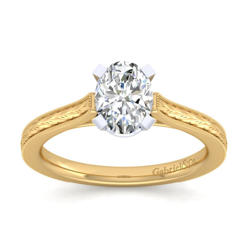 Vintage Inspired 14K White-Yellow Gold Oval Solitaire Engagement Ring