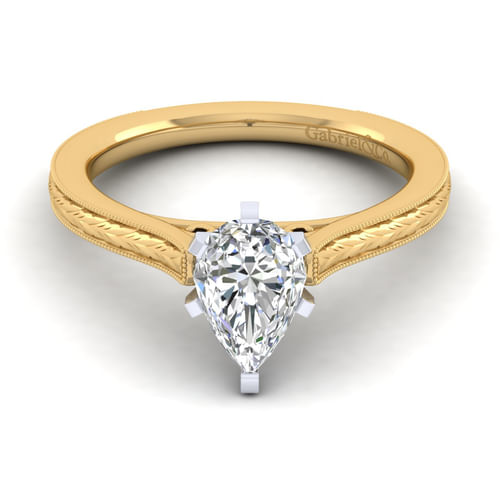 Vintage Inspired 14K White-Yellow Gold Pear Shape Solitaire Engagement Ring