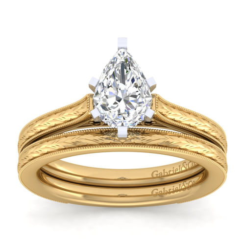 Vintage Inspired 14K White-Yellow Gold Pear Shape Solitaire Engagement Ring