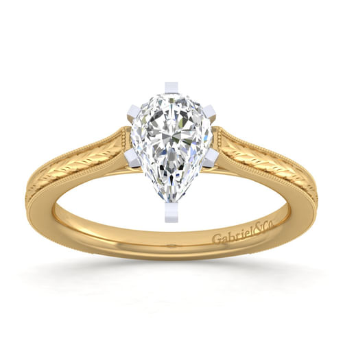 Vintage Inspired 14K White-Yellow Gold Pear Shape Solitaire Engagement Ring