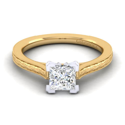 Vintage Inspired 14K White-Yellow Gold Princess Cut Solitaire Engagement Ring