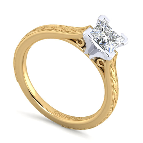 Vintage Inspired 14K White-Yellow Gold Princess Cut Solitaire Engagement Ring