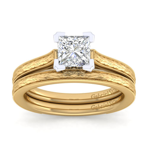 Vintage Inspired 14K White-Yellow Gold Princess Cut Solitaire Engagement Ring