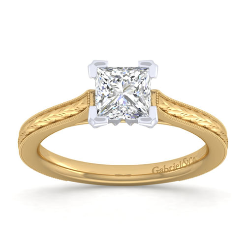 Vintage Inspired 14K White-Yellow Gold Princess Cut Solitaire Engagement Ring