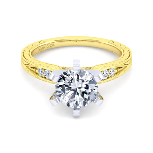 Vintage Inspired 14K White-Yellow Gold Round Diamond Engagement Ring