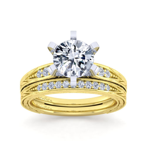 Vintage Inspired 14K White-Yellow Gold Round Diamond Engagement Ring