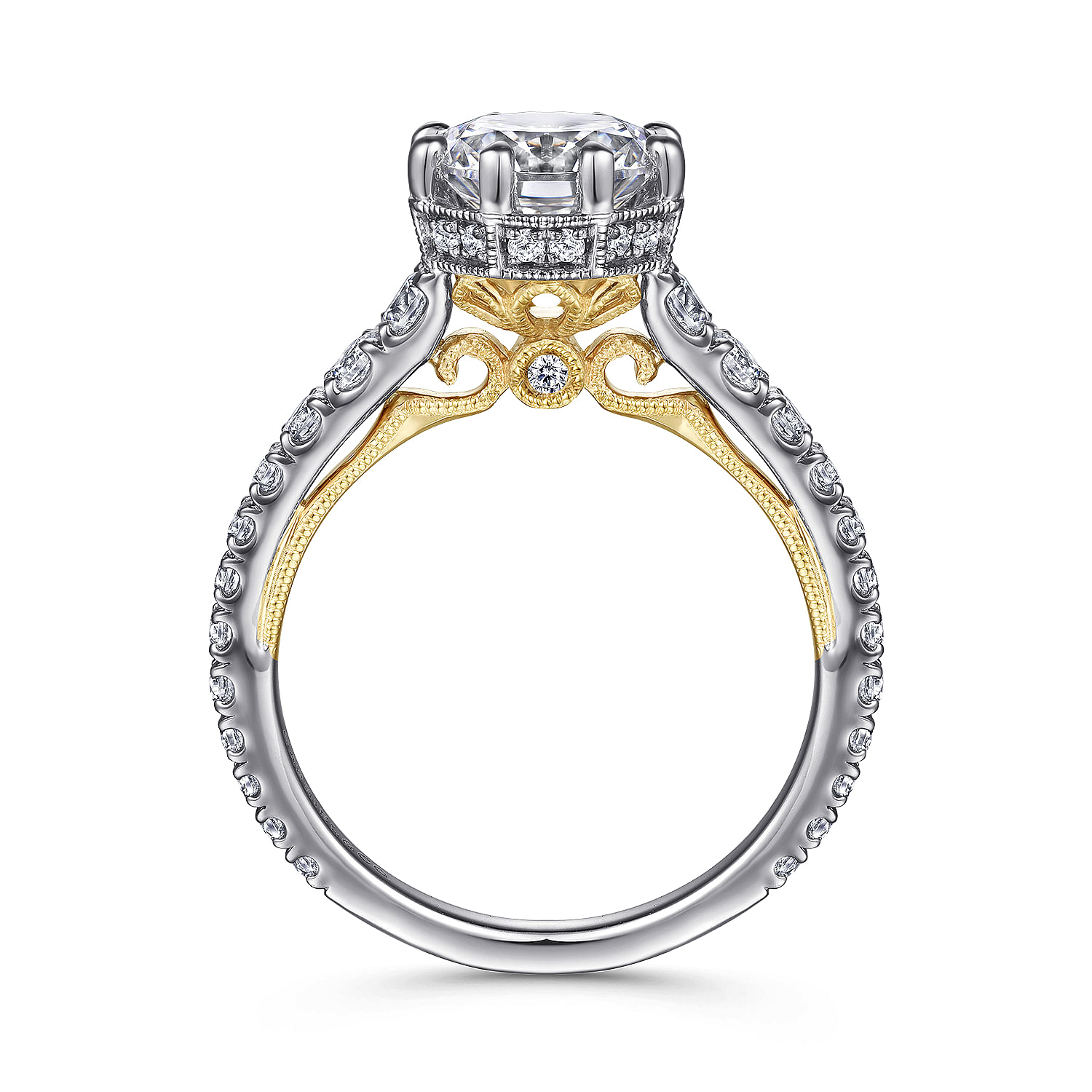Vintage Inspired 14K White-Yellow Gold Round Diamond Engagement Ring