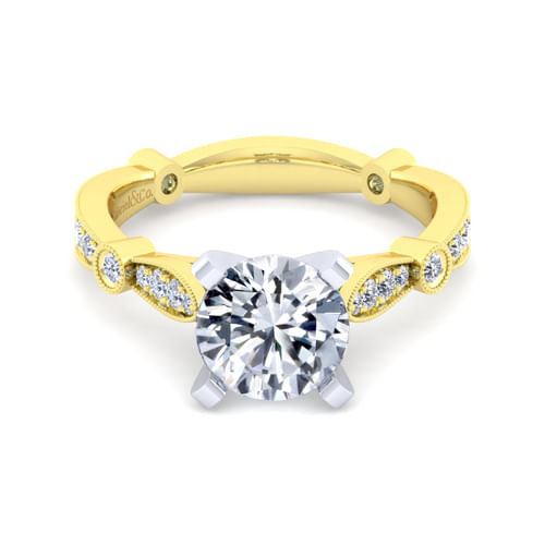 Vintage Inspired 14K White-Yellow Gold Round Diamond Engagement Ring
