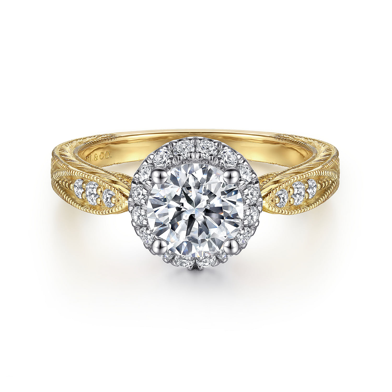 Gabriel - Vintage Inspired 14K White-Yellow Gold Round Halo Diamond Engagement Ring