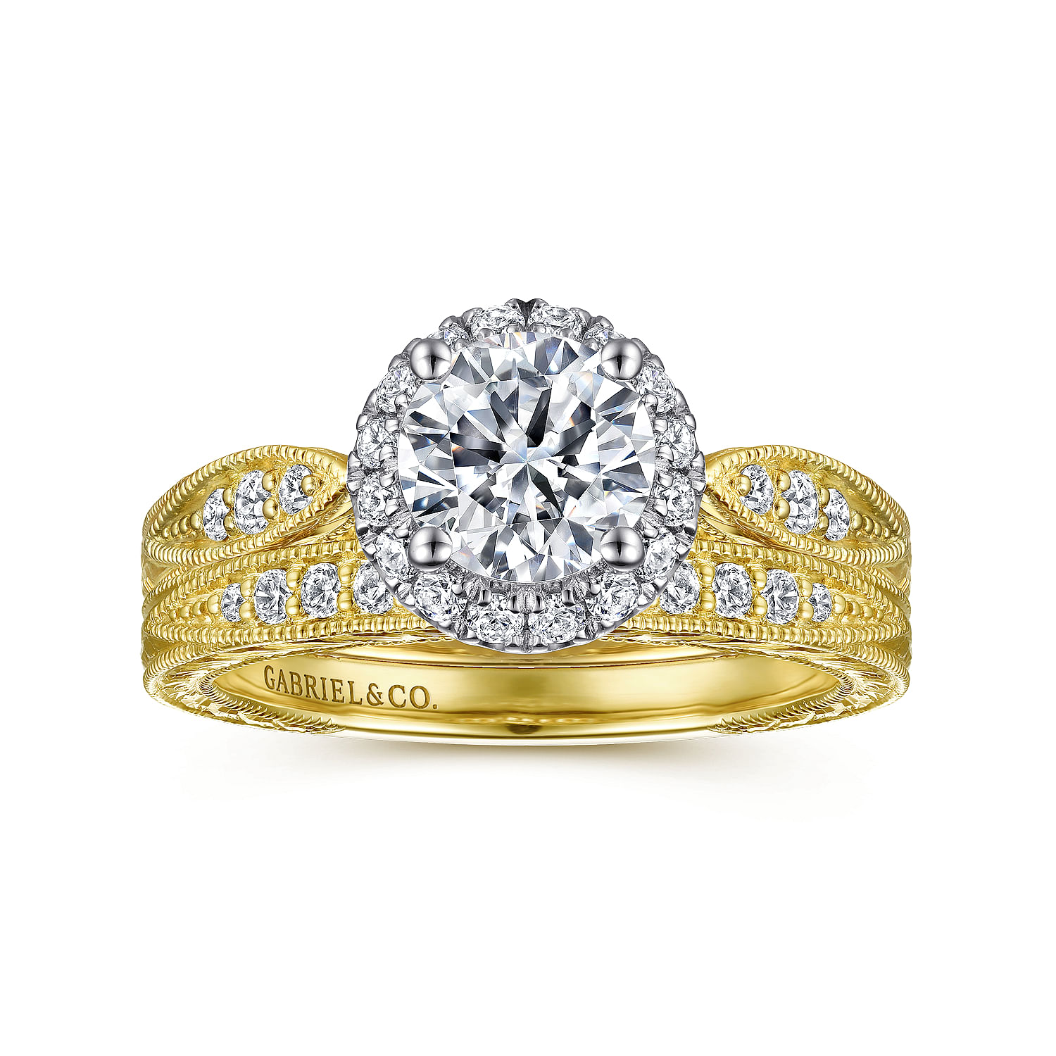 Vintage Inspired 14K White-Yellow Gold Round Halo Diamond Engagement Ring