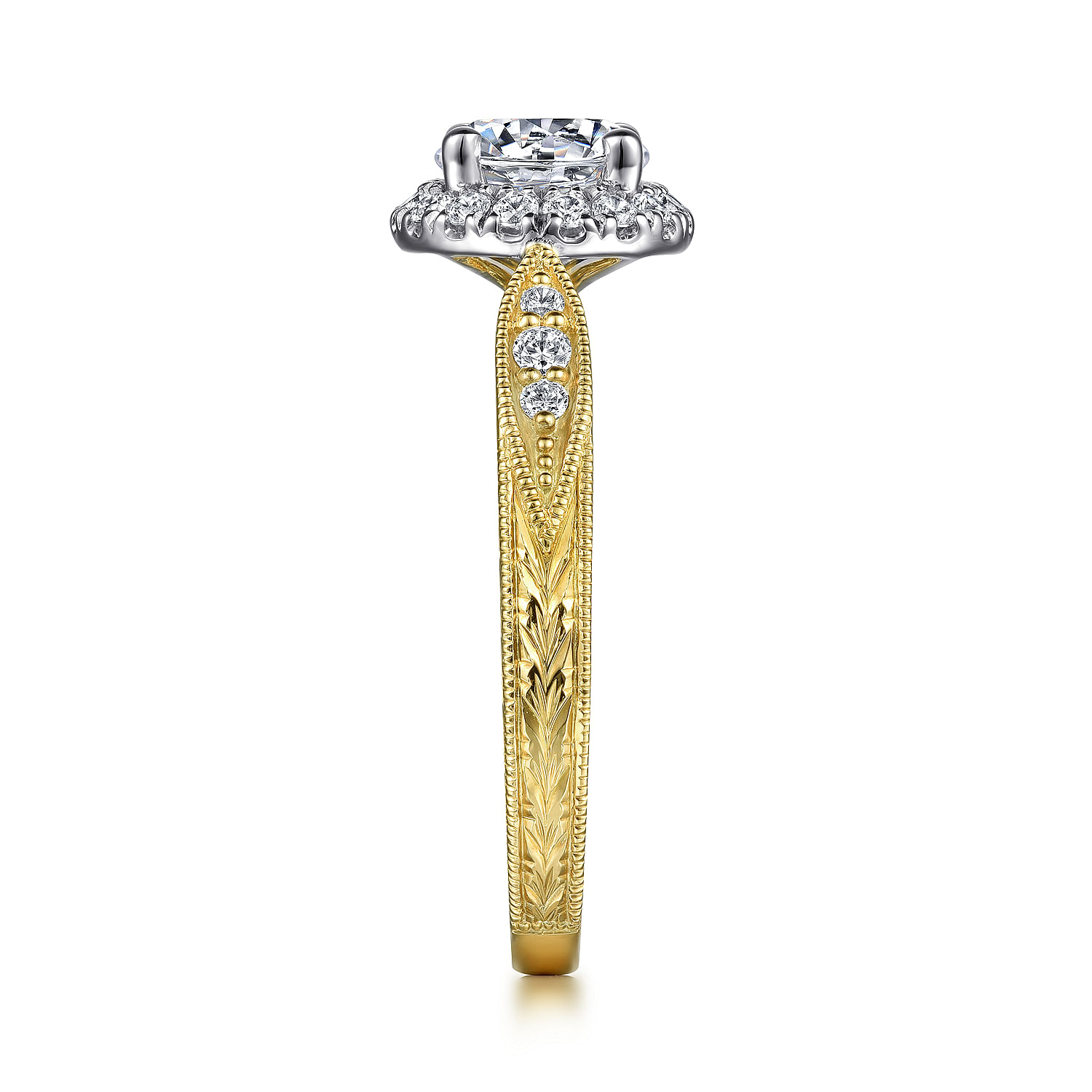 Vintage Inspired 14K White-Yellow Gold Round Halo Diamond Engagement Ring