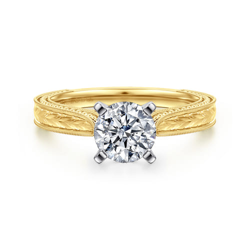 Vintage Inspired 14K White-Yellow Gold Round Solitaire Engagement Ring