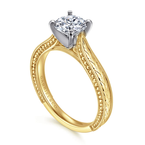 Vintage Inspired 14K White-Yellow Gold Round Solitaire Engagement Ring