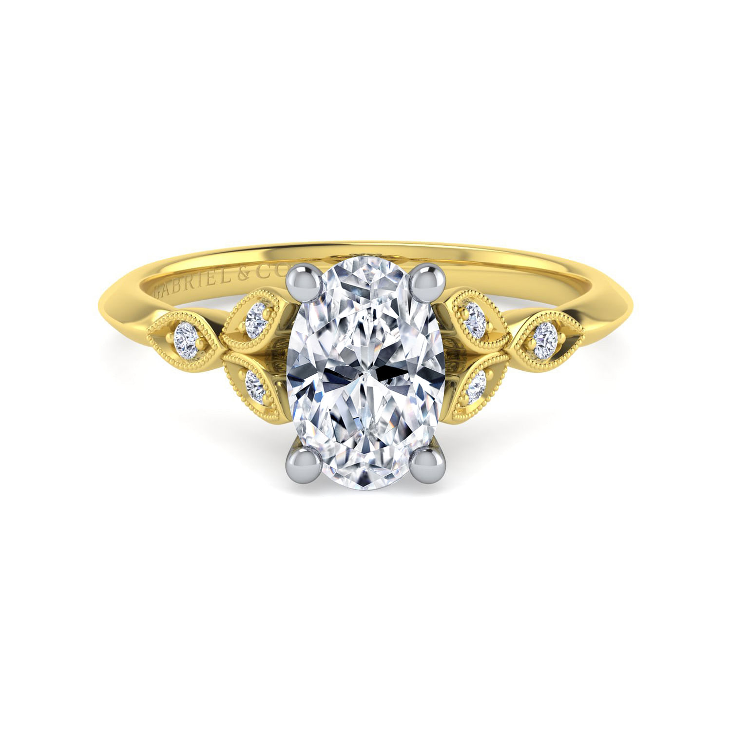 Vintage Inspired 14K White-Yellow Gold Split Shank Oval Diamond Engagement Ring