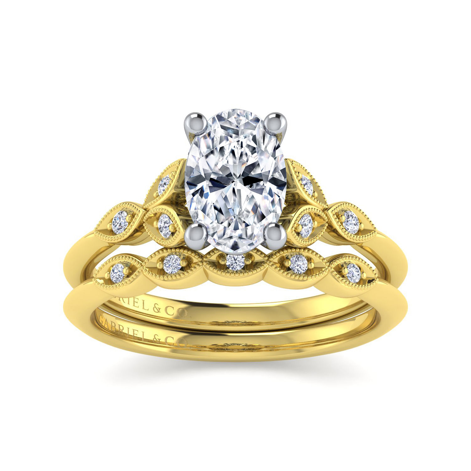Vintage Inspired 14K White-Yellow Gold Split Shank Oval Diamond Engagement Ring
