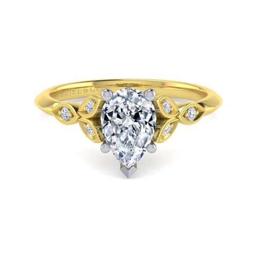 Vintage Inspired 14K White-Yellow Gold Split Shank Pear Shape Diamond Engagement Ring