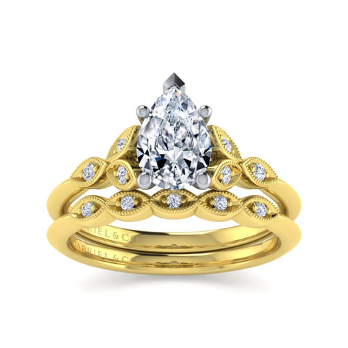 Vintage Inspired 14K White-Yellow Gold Split Shank Pear Shape Diamond Engagement Ring