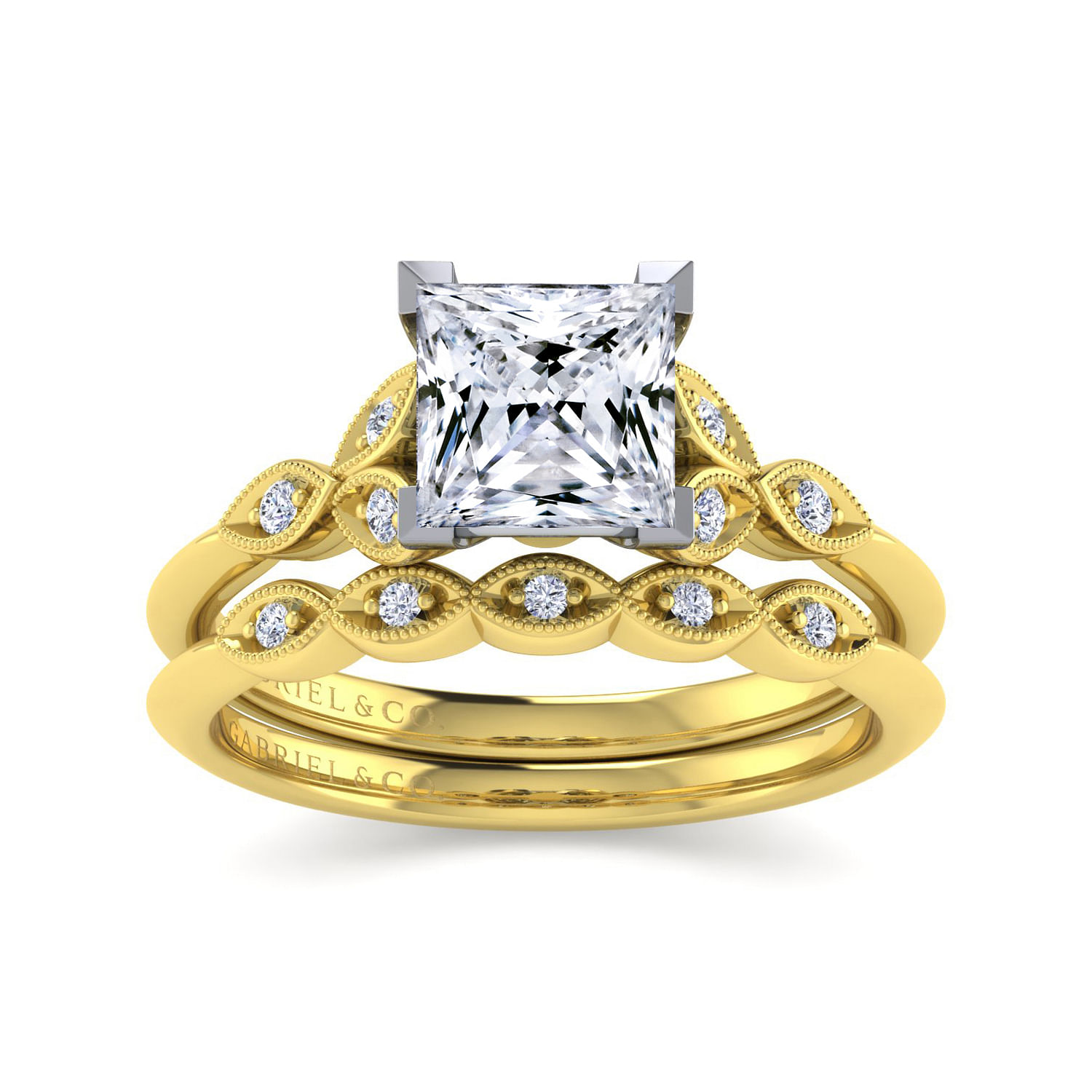 Vintage Inspired 14K White-Yellow Gold Split Shank Princess Cut Diamond Engagement Ring