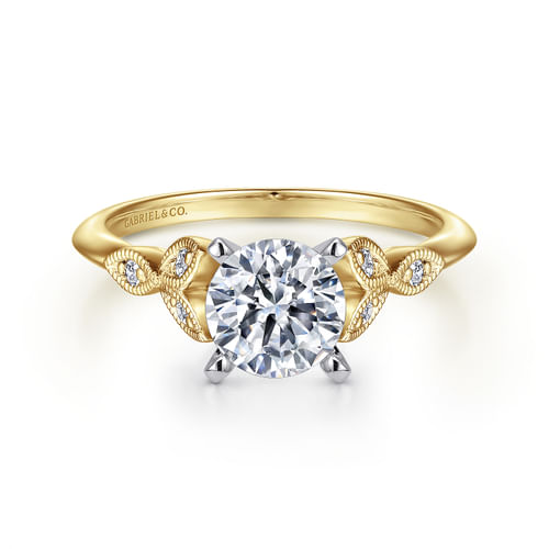 Vintage Inspired 14K White-Yellow Gold Split Shank Round Diamond Engagement Ring