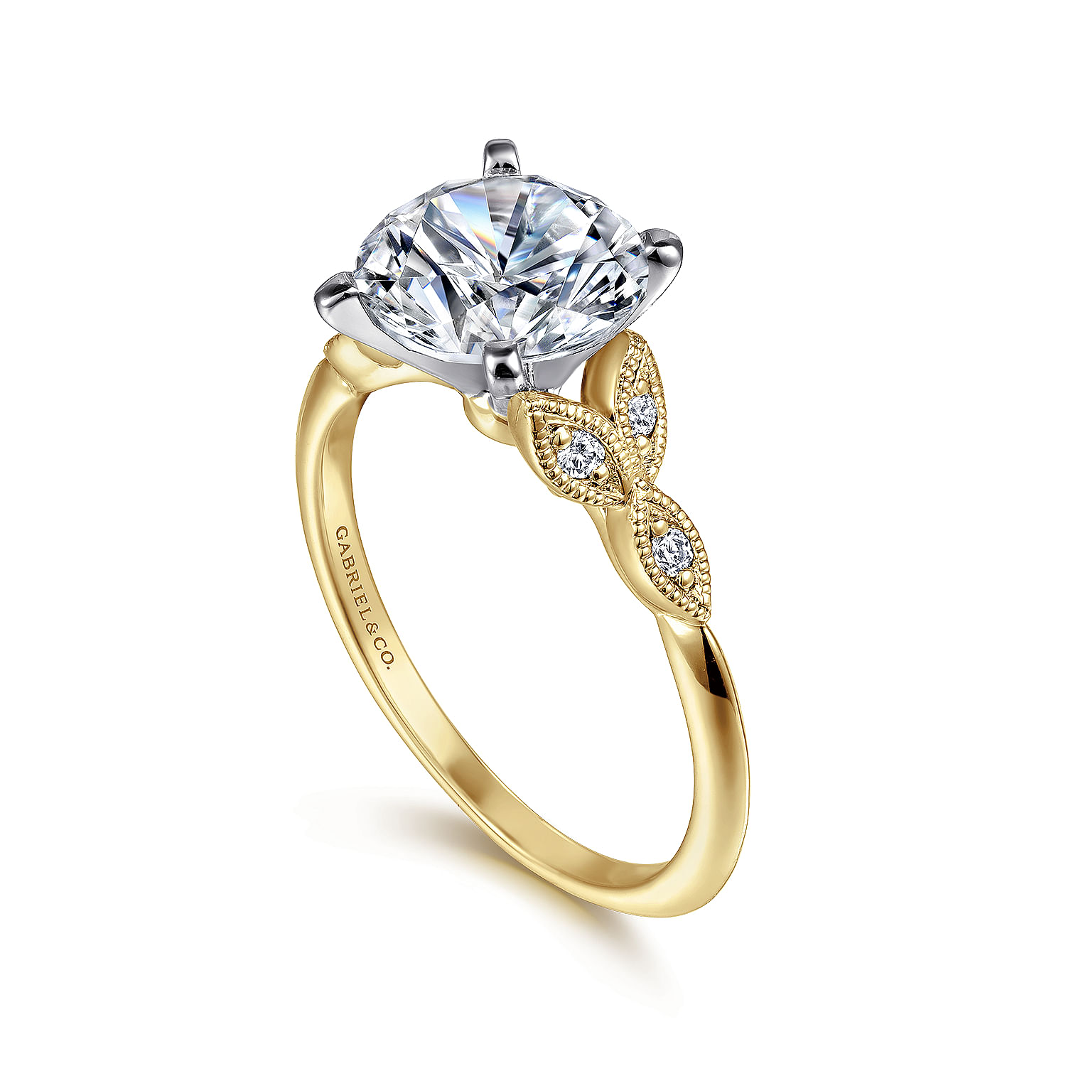 Vintage Inspired 14K White-Yellow Gold Split Shank Round Diamond Engagement Ring