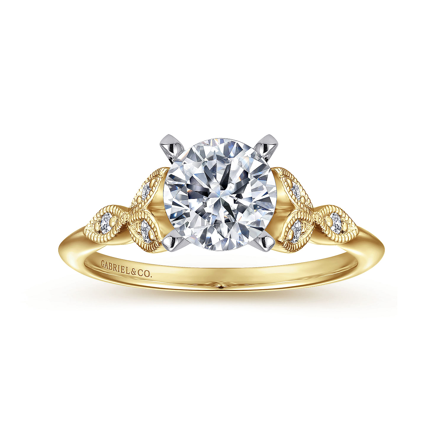 Vintage Inspired 14K White-Yellow Gold Split Shank Round Diamond Engagement Ring