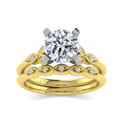Vintage Inspired 14K White-Yellow Gold Split Shank Round Diamond Engagement Ring