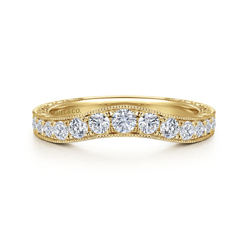 Vintage Inspired 14K Yellow Gold Curved Channel Set Diamond Wedding Band with Engraving