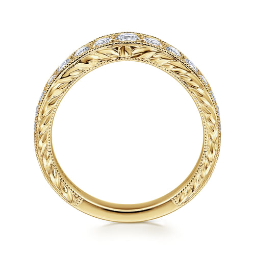 Vintage Inspired 14K Yellow Gold Curved Channel Set Diamond Wedding Band with Engraving