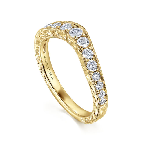 Vintage Inspired 14K Yellow Gold Curved Channel Set Diamond Wedding Band with Engraving