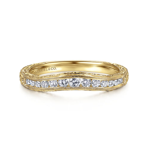 Vintage Inspired 14K Yellow Gold Curved Channel Set Diamond Wedding Band with Engraving