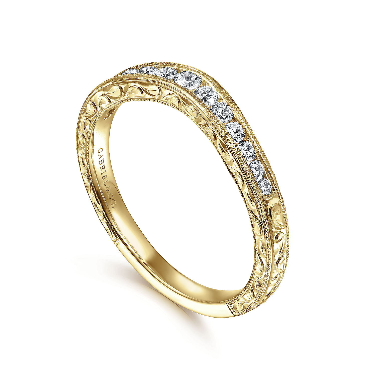 Vintage Inspired 14K Yellow Gold Curved Channel Set Diamond Wedding Band with Engraving