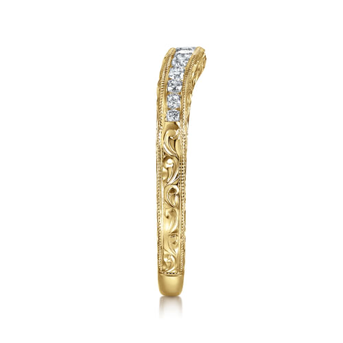 Vintage Inspired 14K Yellow Gold Curved Channel Set Diamond Wedding Band with Engraving