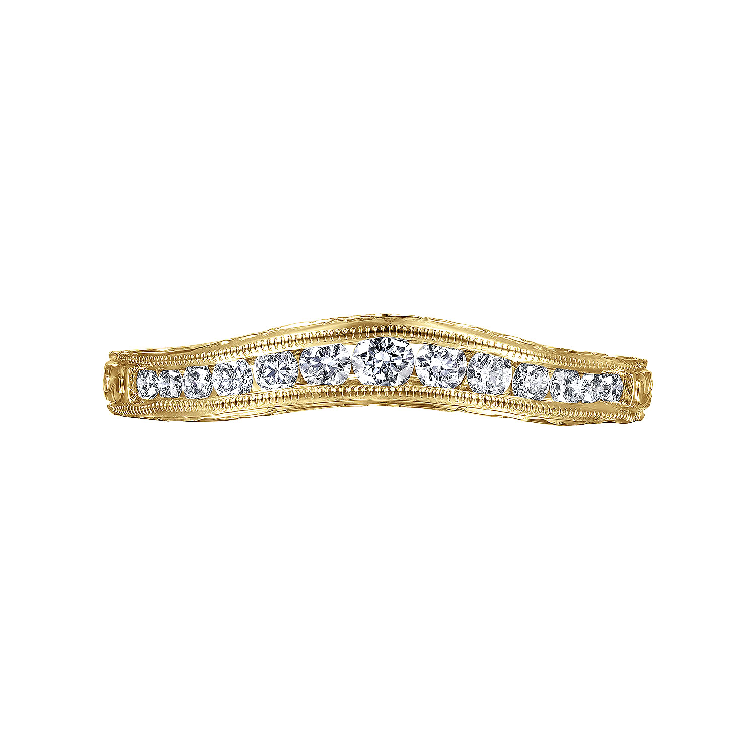 Vintage Inspired 14K Yellow Gold Curved Channel Set Diamond Wedding Band with Engraving