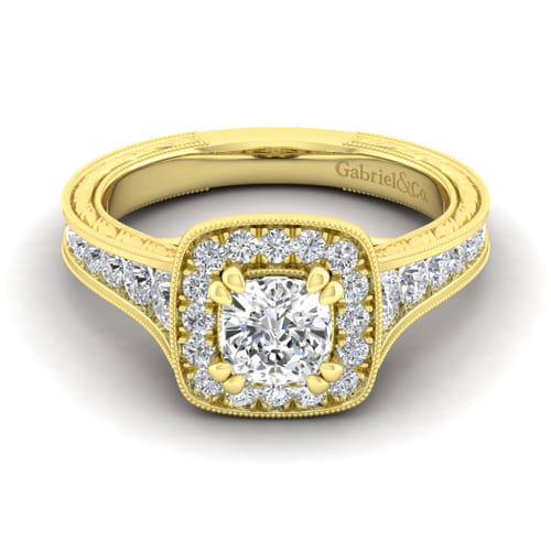 Vintage Inspired 14K Yellow Gold Cushion Halo Diamond Channel Set Engagement Ring