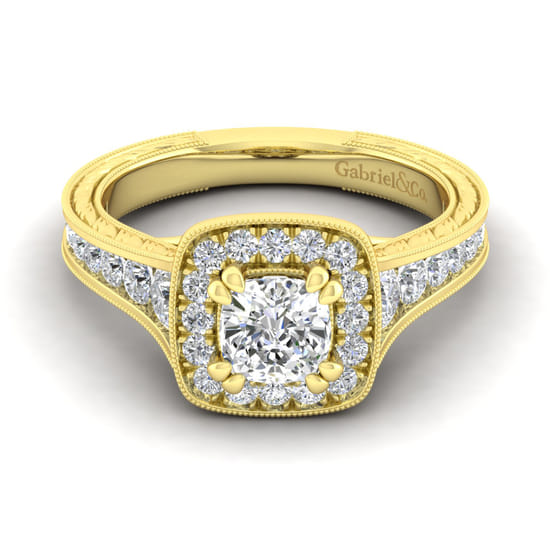 Gabriel - Vintage Inspired 14K Yellow Gold Cushion Halo Diamond Channel Set Engagement Ring Gabriel - Vintage Inspired 14K Yellow Gold Cushion Halo Diamond Channel Set Engagement Ring